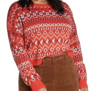 NWOT BP Cropped Sweater Crew Neck Pullover Red Yin Yang Hearts Fair Isle